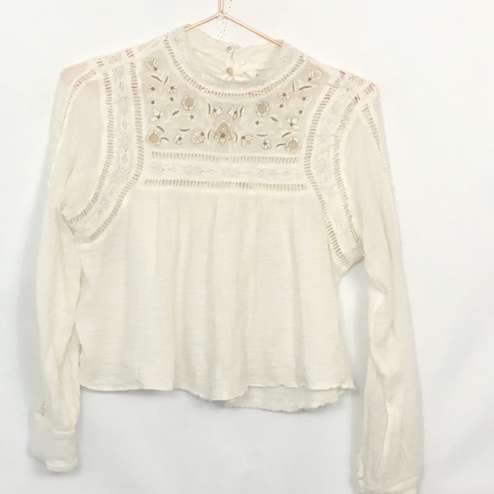 Zara Cropped Floral Embroidered White Crepe Blouse Long Sleeve New Condition S